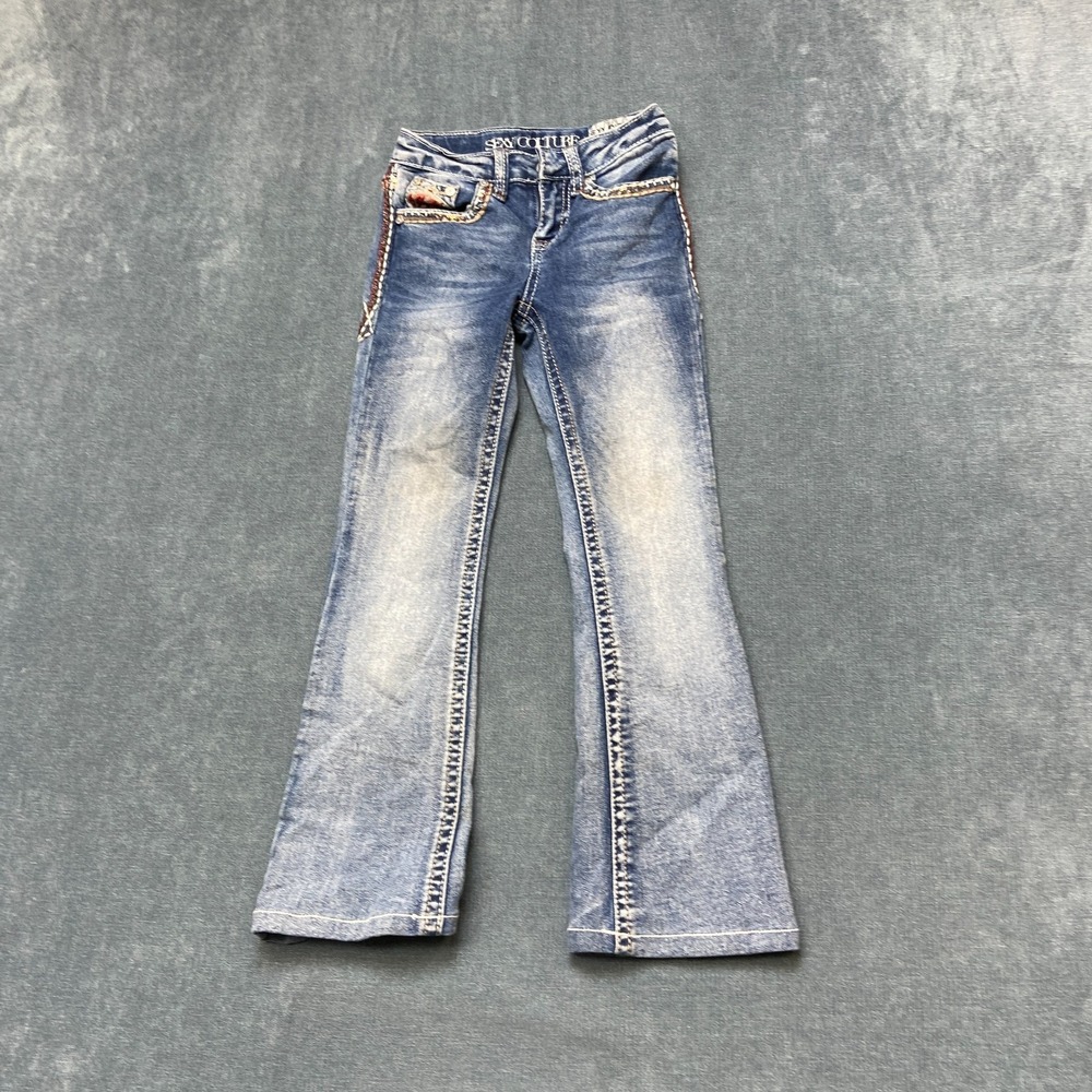 Sexy Couture Bootcut Jeans Women 7 Blue Denim Low Rise Beaded Embroidered Casual
